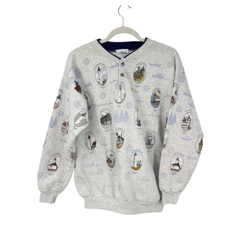 Vintage 90s Artisans Womens Sweatshirt Size M Allover Lighthouse Novelty Print